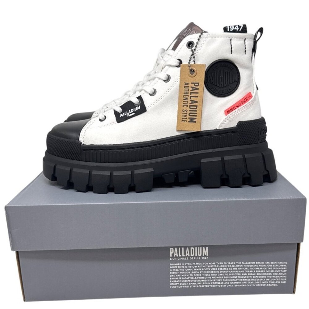 Palladium Women's Revolt Hi TX Boots Size 6.5 Medium 97242-116-M White/Black Rug